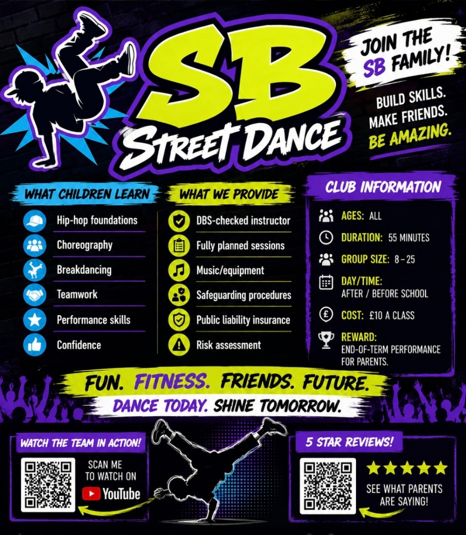 SB Street Dance club information flyer